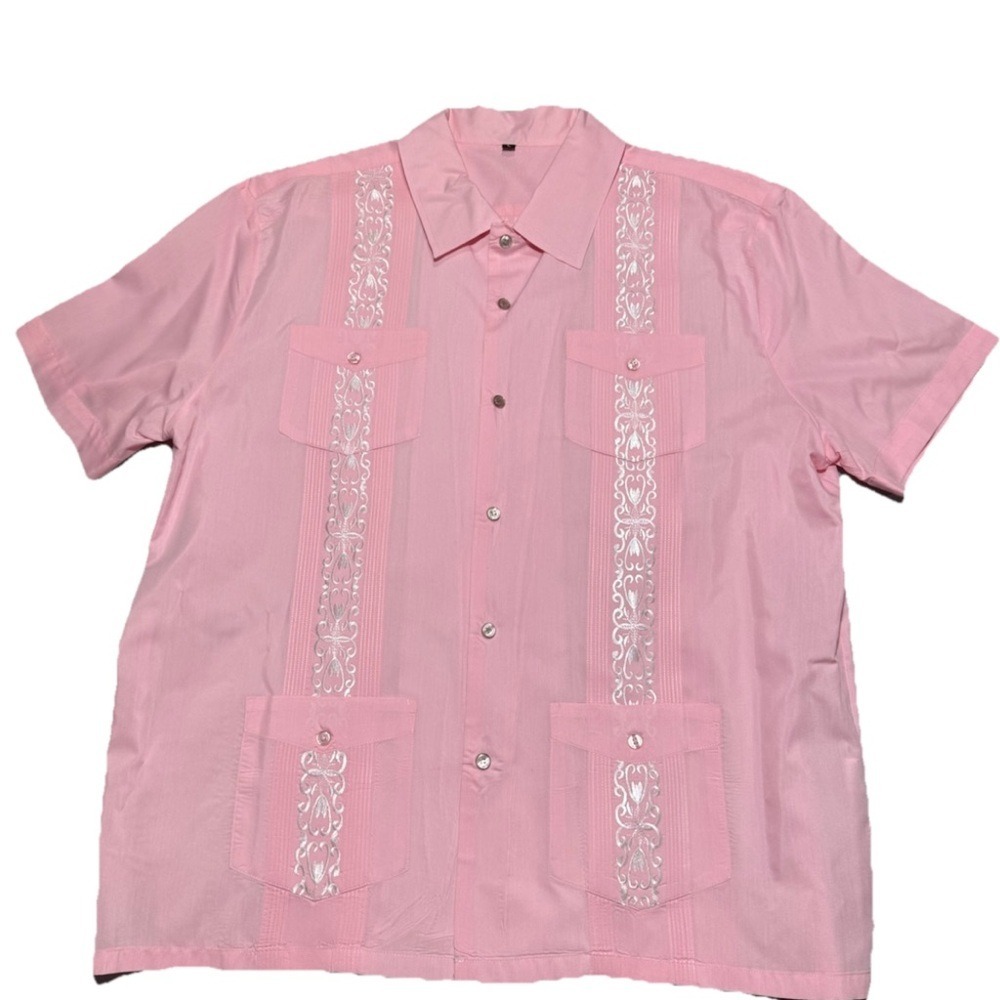 Pink Collared Short Sleeve Shirt.‎ Guayabera with White Embroidery. Snap Buttons - Picture 7 of 15